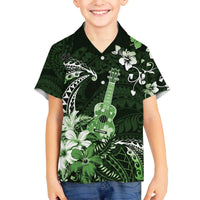Hawaii Ukulele Family Matching Off The Shoulder Long Sleeve Dress and Hawaiian Shirt Polynesian Pattern Mix Hibiscus Green Version LT05