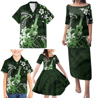 Hawaii Ukulele Family Matching Puletasi and Hawaiian Shirt Polynesian Pattern Mix Hibiscus Green Version LT05