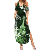 Hawaii Ukulele Family Matching Summer Maxi Dress and Hawaiian Shirt Polynesian Pattern Mix Hibiscus Green Version LT05