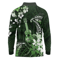 Hawaii Ukulele Long Sleeve Polo Shirt Polynesian Pattern Mix Hibiscus Green Version LT05