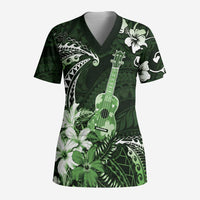 Hawaii Ukulele Scrub Top Polynesian Pattern Mix Hibiscus Green Version - Polynesian Pride