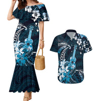 Hawaii Ukulele Couples Matching Mermaid Dress and Hawaiian Shirt Polynesian Pattern Mix Hibiscus Blue Version LT05