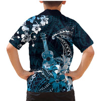Hawaii Ukulele Family Matching Mermaid Dress and Hawaiian Shirt Polynesian Pattern Mix Hibiscus Blue Version LT05