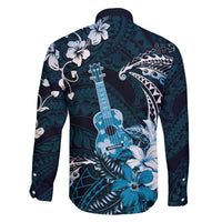 Hawaii Ukulele Family Matching Off The Shoulder Long Sleeve Dress and Hawaiian Shirt Polynesian Pattern Mix Hibiscus Blue Version LT05