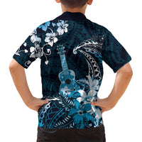 Hawaii Ukulele Family Matching Puletasi and Hawaiian Shirt Polynesian Pattern Mix Hibiscus Blue Version LT05