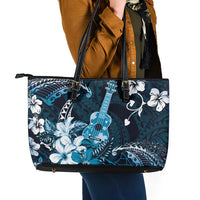 Hawaii Ukulele Leather Tote Bag Polynesian Pattern Mix Hibiscus Blue Version
