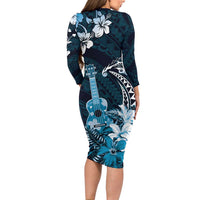 Hawaii Ukulele Long Sleeve Bodycon Dress Polynesian Pattern Mix Hibiscus Blue Version LT05