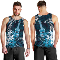 Hawaii Ukulele Men Tank Top Polynesian Pattern Mix Hibiscus Blue Version LT05