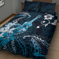 Hawaii Ukulele Quilt Bed Set Polynesian Pattern Mix Hibiscus Blue Version