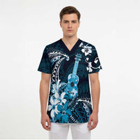 Hawaii Ukulele Scrub Top Polynesian Pattern Mix Hibiscus Blue Version - Polynesian Pride