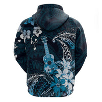 Hawaii Ukulele Zip Hoodie Polynesian Pattern Mix Hibiscus Blue Version LT05