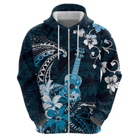 Hawaii Ukulele Zip Hoodie Polynesian Pattern Mix Hibiscus Blue Version LT05