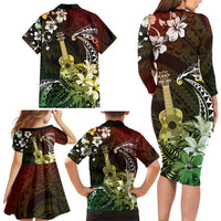 Hawaii Ukulele Family Matching Long Sleeve Bodycon Dress and Hawaiian Shirt Polynesian Pattern Mix Hibiscus Reggae Version LT05