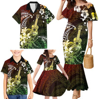 Hawaii Ukulele Family Matching Mermaid Dress and Hawaiian Shirt Polynesian Pattern Mix Hibiscus Reggae Version LT05