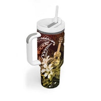 Hawaii Ukulele Tumbler With Handle Polynesian Pattern Mix Hibiscus Reggae Version