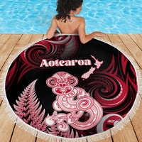 New Zealand Maori Taniwha Beach Blanket Silver Fern Red Version