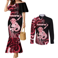 Personalised New Zealand Maori Taniwha Couples Matching Mermaid Dress and Long Sleeve Button Shirt Silver Fern Red Version LT05 Red - Polynesian Pride