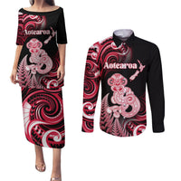 Personalised New Zealand Maori Taniwha Couples Matching Puletasi and Long Sleeve Button Shirt Silver Fern Red Version LT05 Red - Polynesian Pride