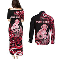 Personalised New Zealand Maori Taniwha Couples Matching Puletasi and Long Sleeve Button Shirt Silver Fern Red Version LT05 - Polynesian Pride