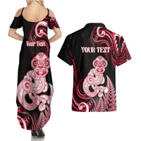 Personalised New Zealand Maori Taniwha Couples Matching Summer Maxi Dress and Hawaiian Shirt Silver Fern Red Version LT05 - Polynesian Pride