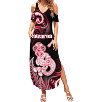 Personalised New Zealand Maori Taniwha Summer Maxi Dress Silver Fern Red Version LT05 Women Red - Polynesian Pride
