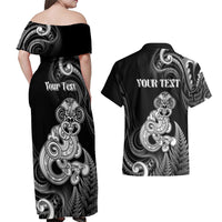 Personalised New Zealand Maori Taniwha Couples Matching Off Shoulder Maxi Dress and Hawaiian Shirt Silver Fern Black Version