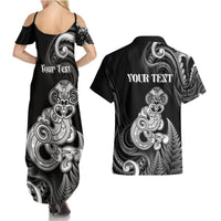 Personalised New Zealand Maori Taniwha Couples Matching Summer Maxi Dress and Hawaiian Shirt Silver Fern Black Version LT05 - Polynesian Pride
