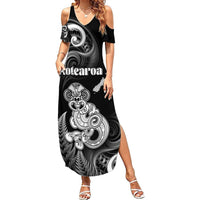Personalised New Zealand Maori Taniwha Summer Maxi Dress Silver Fern Black Version LT05 Women Black - Polynesian Pride