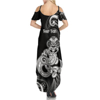 Personalised New Zealand Maori Taniwha Summer Maxi Dress Silver Fern Black Version LT05 - Polynesian Pride