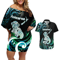 Personalised New Zealand Maori Taniwha Couples Matching Off Shoulder Short Dress and Hawaiian Shirt Silver Fern Paua Shell Version LT05 Turquoise - Polynesian Pride