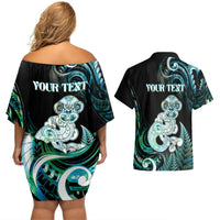 Personalised New Zealand Maori Taniwha Couples Matching Off Shoulder Short Dress and Hawaiian Shirt Silver Fern Paua Shell Version LT05 - Polynesian Pride