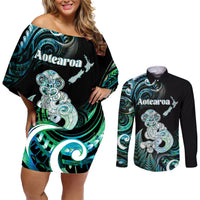 Personalised New Zealand Maori Taniwha Couples Matching Off Shoulder Short Dress and Long Sleeve Button Shirt Silver Fern Paua Shell Version
