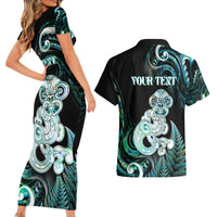 Personalised New Zealand Maori Taniwha Couples Matching Short Sleeve Bodycon Dress and Hawaiian Shirt Silver Fern Paua Shell Version