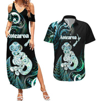 Personalised New Zealand Maori Taniwha Couples Matching Summer Maxi Dress and Hawaiian Shirt Silver Fern Paua Shell Version LT05 Turquoise - Polynesian Pride