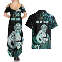 Personalised New Zealand Maori Taniwha Couples Matching Summer Maxi Dress and Hawaiian Shirt Silver Fern Paua Shell Version LT05 - Polynesian Pride