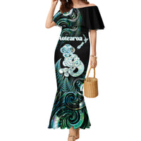 Personalised New Zealand Maori Taniwha Family Matching Mermaid Dress and Hawaiian Shirt Silver Fern Paua Shell Version