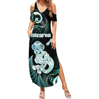 Personalised New Zealand Maori Taniwha Summer Maxi Dress Silver Fern Paua Shell Version LT05 Women Turquoise - Polynesian Pride