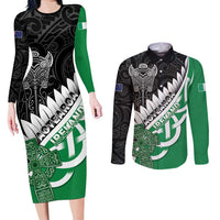 New Zealand And Ireland Rugby Custom Couples Matching Long Sleeve Bodycon Dress and Long Sleeve Button Shirt Silver Fern With Celtic Cross