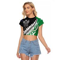 New Zealand And Ireland Rugby Custom Raglan Cropped T Shirt Silver Fern With Celtic Cross