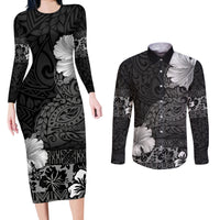 Hawaii Hibiscus With Black Polynesian Pattern Couples Matching Long Sleeve Bodycon Dress and Long Sleeve Button Shirt