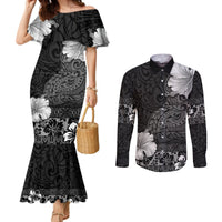 Hawaii Hibiscus With Black Polynesian Pattern Couples Matching Mermaid Dress and Long Sleeve Button Shirt LT05 Black - Polynesian Pride