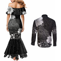 Hawaii Hibiscus With Black Polynesian Pattern Couples Matching Mermaid Dress and Long Sleeve Button Shirt LT05 - Polynesian Pride