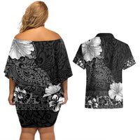 Hawaii Hibiscus With Black Polynesian Pattern Couples Matching Off Shoulder Short Dress and Hawaiian Shirt LT05 - Polynesian Pride