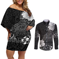 Hawaii Hibiscus With Black Polynesian Pattern Couples Matching Off Shoulder Short Dress and Long Sleeve Button Shirt LT05 Black - Polynesian Pride