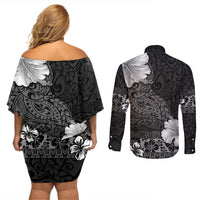 Hawaii Hibiscus With Black Polynesian Pattern Couples Matching Off Shoulder Short Dress and Long Sleeve Button Shirt LT05 - Polynesian Pride