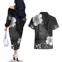 Hawaii Hibiscus With Black Polynesian Pattern Couples Matching Off The Shoulder Long Sleeve Dress and Hawaiian Shirt
