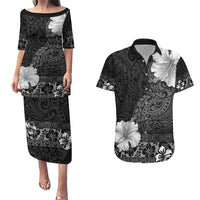 Hawaii Hibiscus With Black Polynesian Pattern Couples Matching Puletasi and Hawaiian Shirt LT05 Black - Polynesian Pride