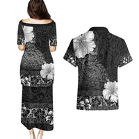 Hawaii Hibiscus With Black Polynesian Pattern Couples Matching Puletasi and Hawaiian Shirt