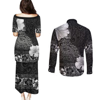 Hawaii Hibiscus With Black Polynesian Pattern Couples Matching Puletasi and Long Sleeve Button Shirt