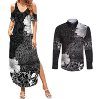 Hawaii Hibiscus With Black Polynesian Pattern Couples Matching Summer Maxi Dress and Long Sleeve Button Shirt LT05 Black - Polynesian Pride